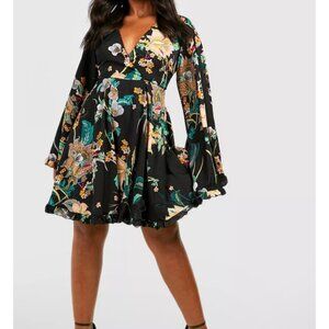 Boohoo Floral Butterfly Sleeve Skater Dress